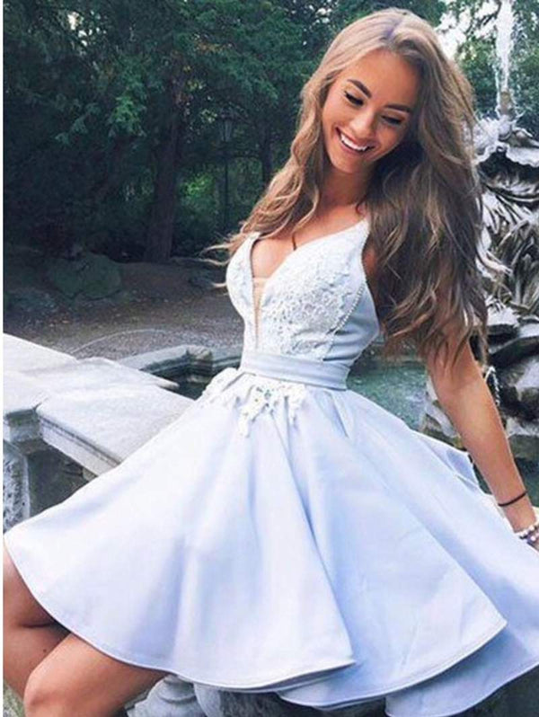 SSR0486,Light Blue Homecoming Dresses V-Neck Mini Prom Dress