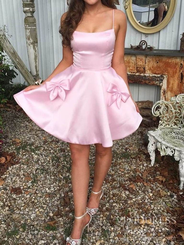 SSR1455, Simple Pink Spaghetti Strap Homecoming Dresses with Pockets