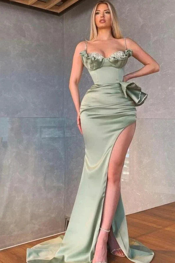 SSR1368,Dusty Sage Spaghetti-Straps Mermaid Prom Dress Split With Beadings Ruffles