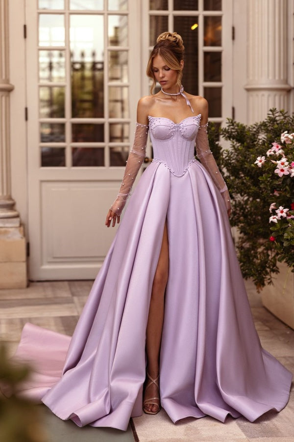 Strapless Pale Purple Pearls Beaded Long Split Prom Dress ssr0242