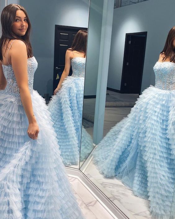 SSR1384,Light Blue Spaghetti Straps Lace Bodice Prom Dress with Ruffle Skirt