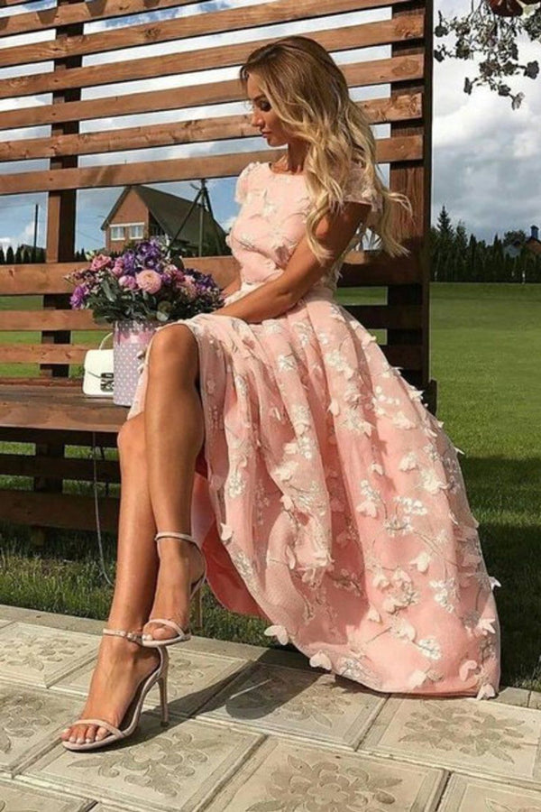 SSR0416,Pink A-Line Homecoming Dresses Floral Applique Midi Dress