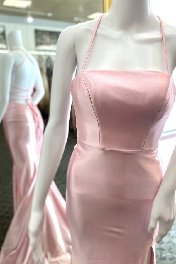 Straps Pink Mermaid Long Prom Dress with Slit