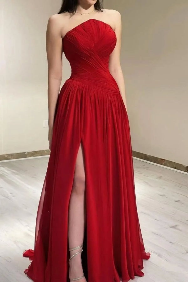 Red Chiffon Strapless Split Prom Dress ssr0508