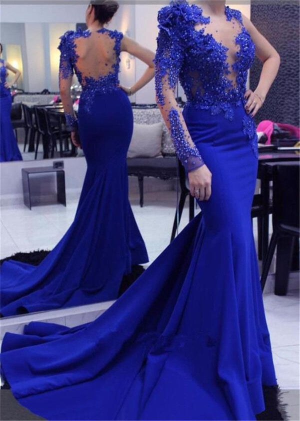 SSR0017,Royal blue one shoulder luxury beading prom dress,long evening dress mermaid party gown