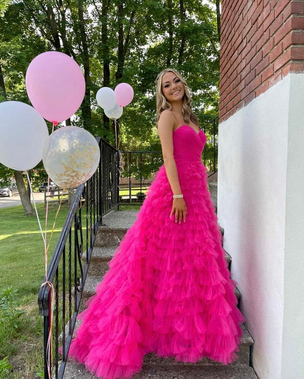 SSR0949,Hot Pink Tulle Prom Dresses Tiered Layers Long Formal Gown