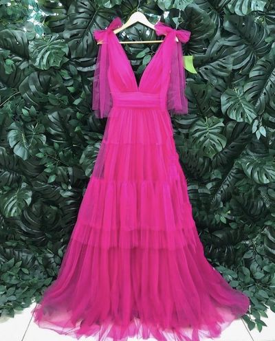 SSR1214,Empire A-line Pink Tulle Long Formal Dress,Hot Pink A-Line Evening Prom Dresses