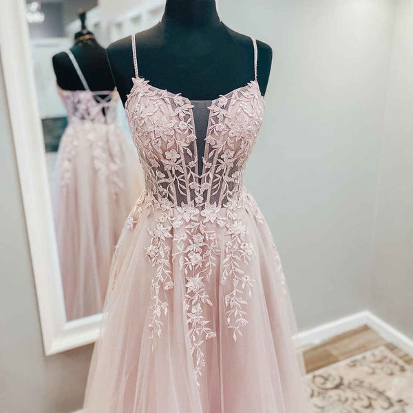 SSR0725,Light pink prom dresses spaghetti straps tulle prom dress applique long evening formal dress event gown
