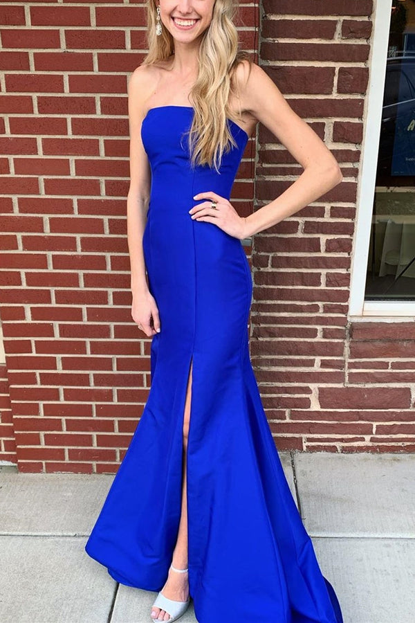 SSR0450,Royal blue strapless mermaid long prom dress evening dress with side slit