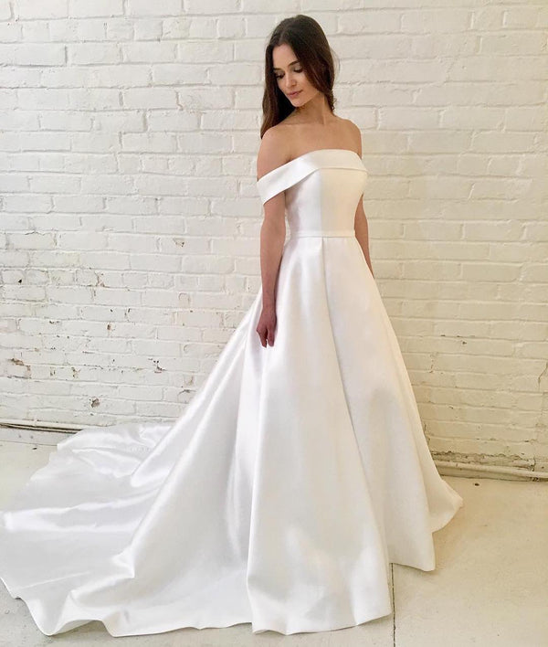 SSR1130,Off the shoulder white wedding dresses,a-line satin bridal wedding gown
