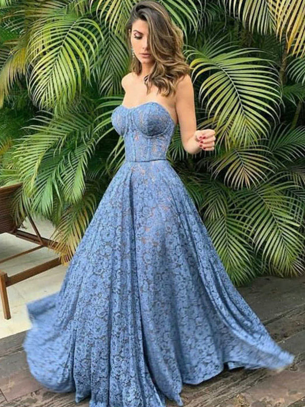 SSR1621,Sweetheart Blue Lace A-Line Prom Evening Dresses