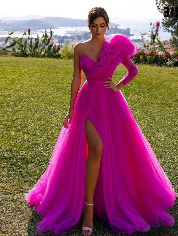 SSR1666,Hot Pink Floral A-Line Tulle Prom Dresses,Long Split Evening Party Dresses,Wedding Party Dress