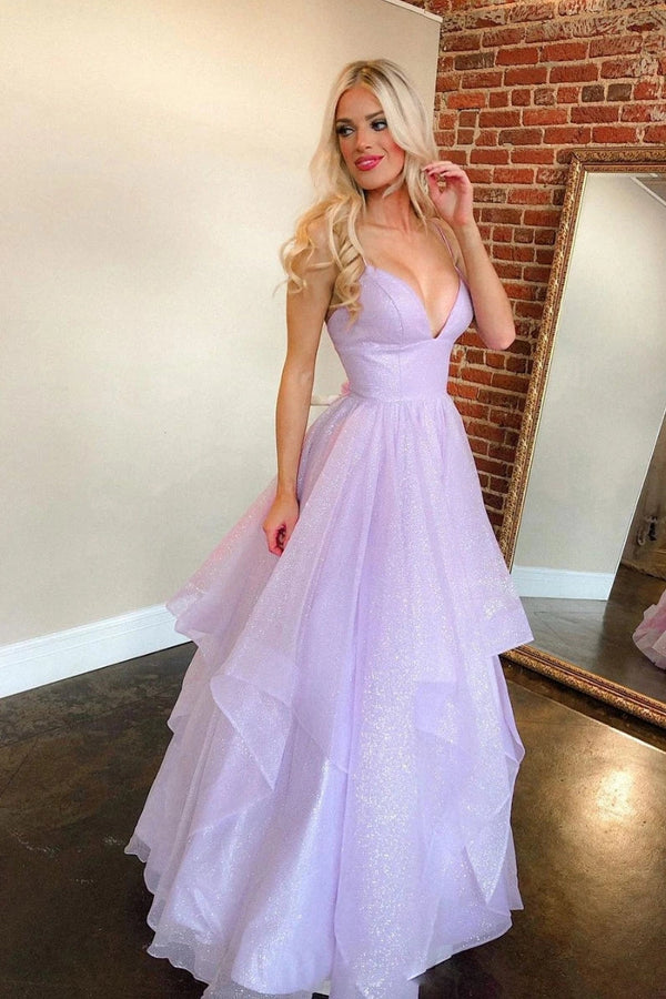 SSR0952,Glitter A-Line V Neck Lilac Sparkly Tulle Prom Dress Custom Evening Gown