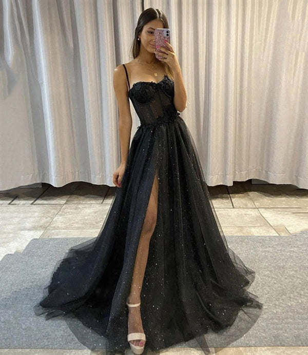 SSR0774,Black sweetheart neck tulle long prom dress,black tulle evening dresses,sparkle sweetheart prom evening gown