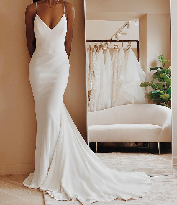 SSR0987,Sexy white bridal dress spaghetti straps wedding gown mermaid prom dress