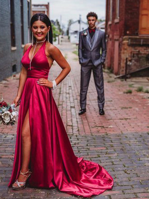 SSR1730,Sexy Hot Pink A-Line Prom Dresses, V-Neck Satin Long Evening Gown