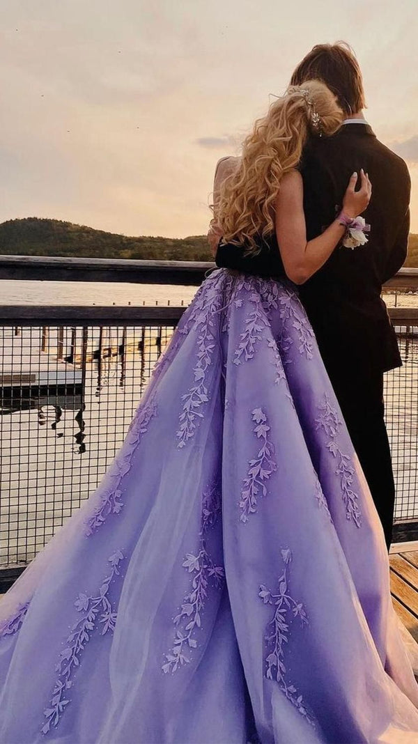 SSR0922,Lavender Applique Tulle Long Evening Dresses Formal Gown with Sweep Train