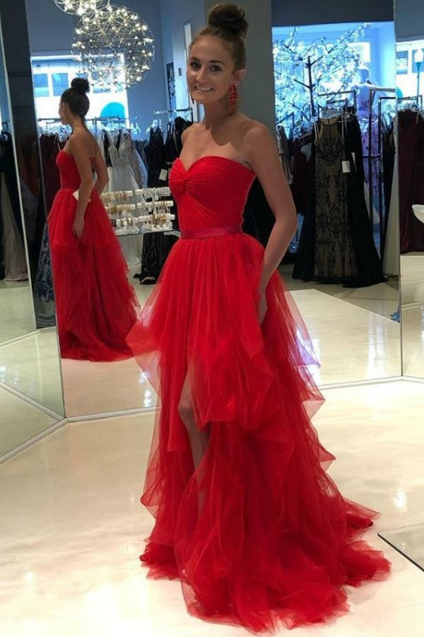 SSR1243,Red Strapless Tulle Long Prom Dresses,Sleeveless Evening Gown With High Split