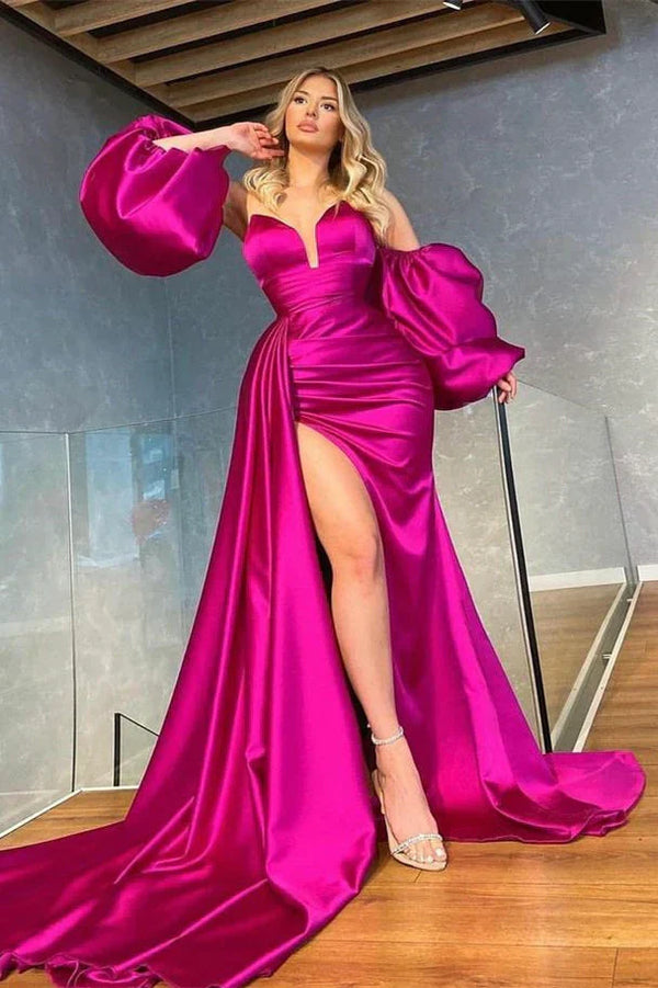 Fuchsia Detachable Sleeves Mermaid Prom Dress Slit With Ruffles Sexy Evening Dress Solid Color