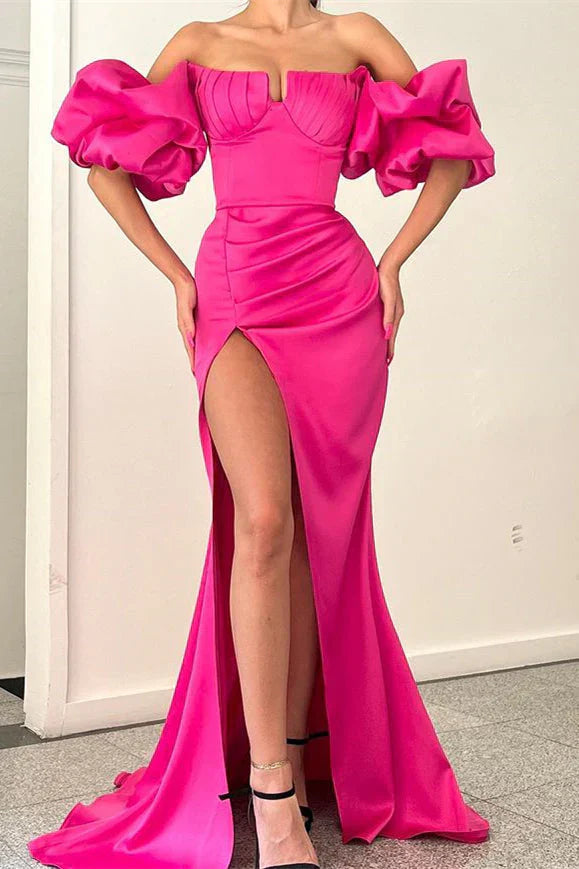 Fuchsia Off The Shoulder Bubble Sleeves High Split Long Mermaid Prom Dress Sexy Evening Dress