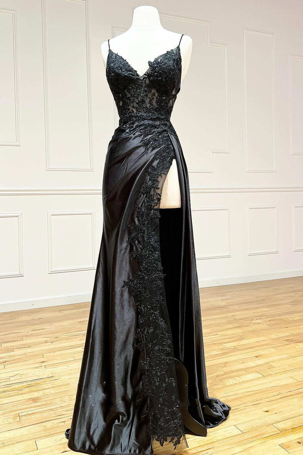 Black Long Appliques Prom Dress with Spaghetti Straps,SSR1157