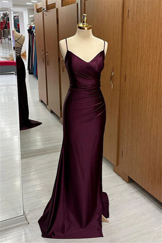 Cabernet Satin V Neck Lace-Up Back Pleated Long Prom Dress with Silt，SSR1206