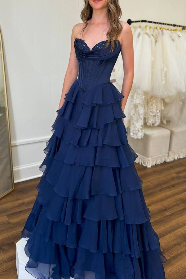 Dark Navy Strapless Pleated Prom Dress with Ruffle，SSR1189