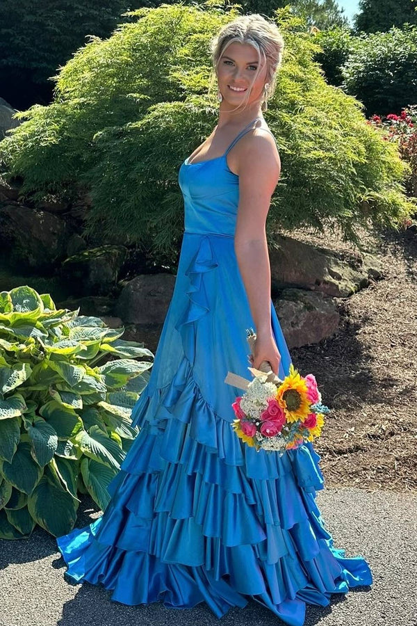 Crew Neck Ruffle Slit Mermaid Prom Dress with Lace-Up，SSR1222