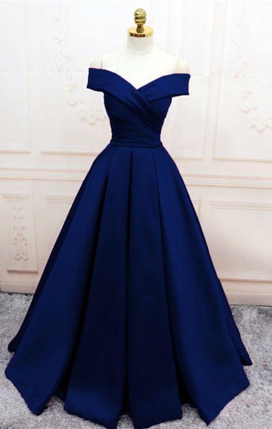 SSR0079,Discount Navy blue prom dress, off the shoulder evening dress, a line party gown, satin prom dress blue long dress