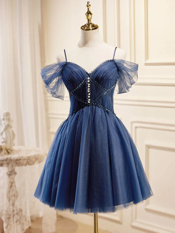Dark Blue V Neck Tulle Short Prom Dress Homecoming Dress Formal Dress december wedding guest dress