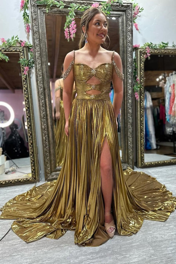 Off the Shoulder Gold Metallic Pleated Long Formal Gown