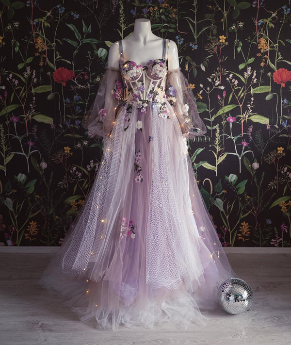 SSR1005,Purple tulle evening dress a-line prom dresses floral formal gown