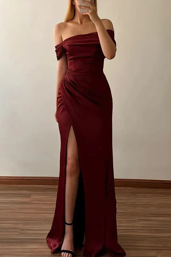 Fitted off shoulder pleated side slit party ball evening dress Sexy