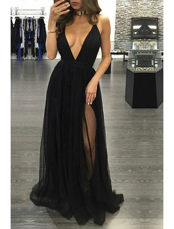 A-Line Prom Dresses Open Back Dress Formal Wedding Guest Floor Length Sleeveless V Neck Chiffon Backless with Pleats Slit Sexy Evening Dress