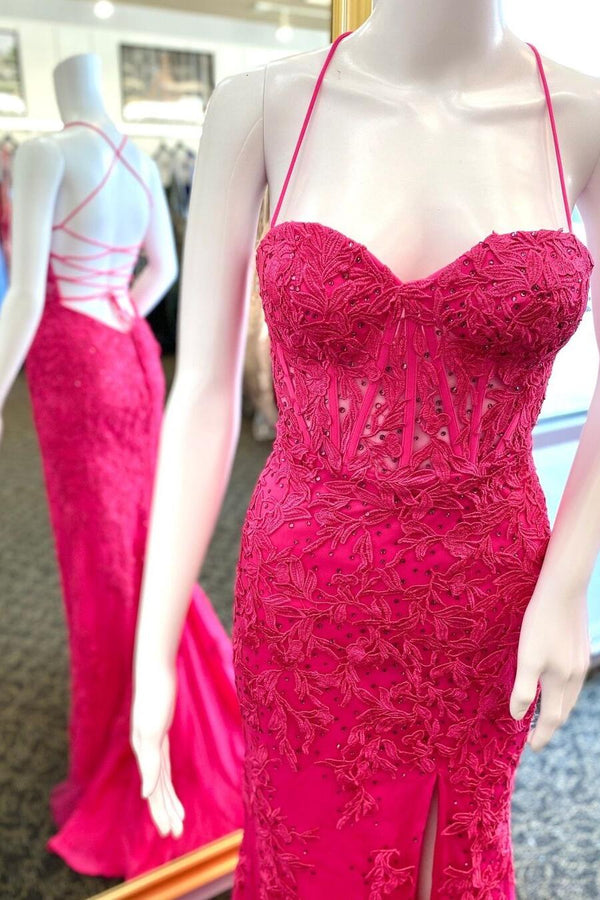 Straps Hot Pink Lace Mermaid Long Prom Dress