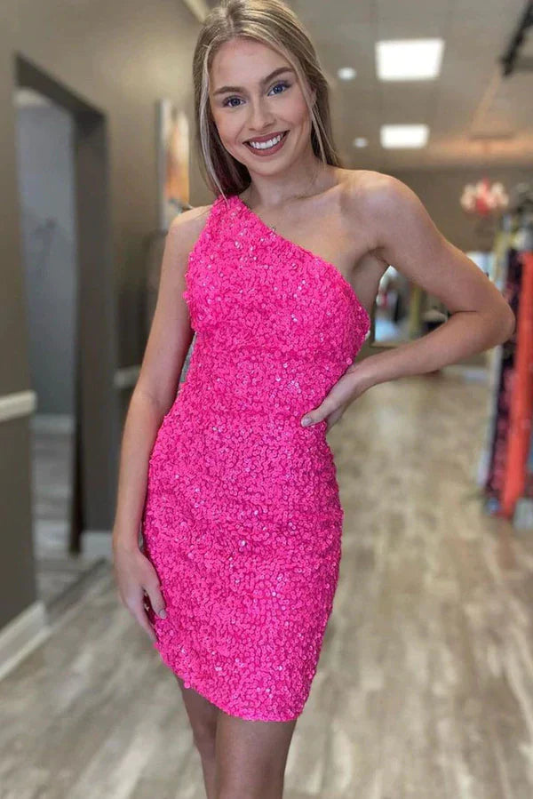 SSR1110,Hot pink one shoulder mini homecoming dresses