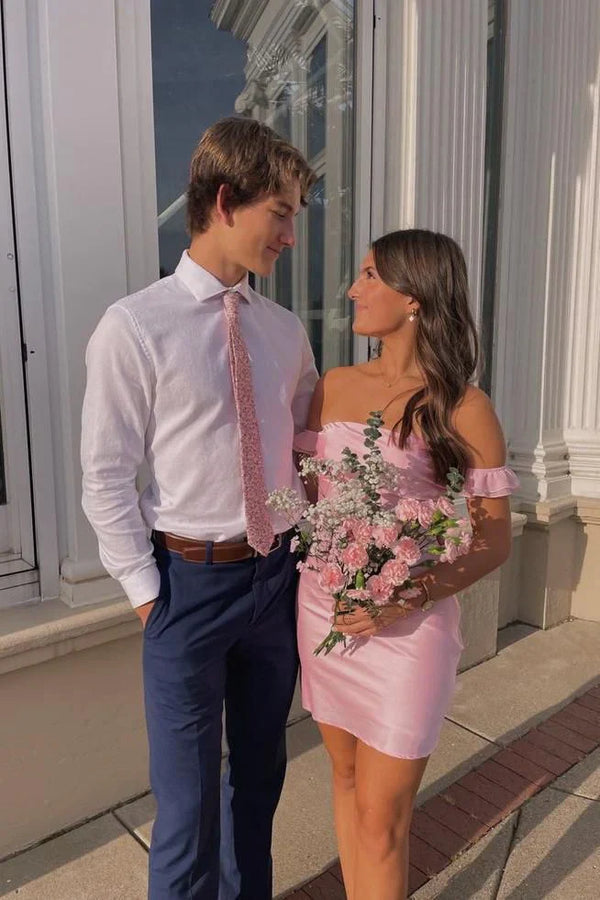 Off Shoulder Sheath Satin Pink Homecoming Dress Birthday Outfits Party Dress Formal Dress