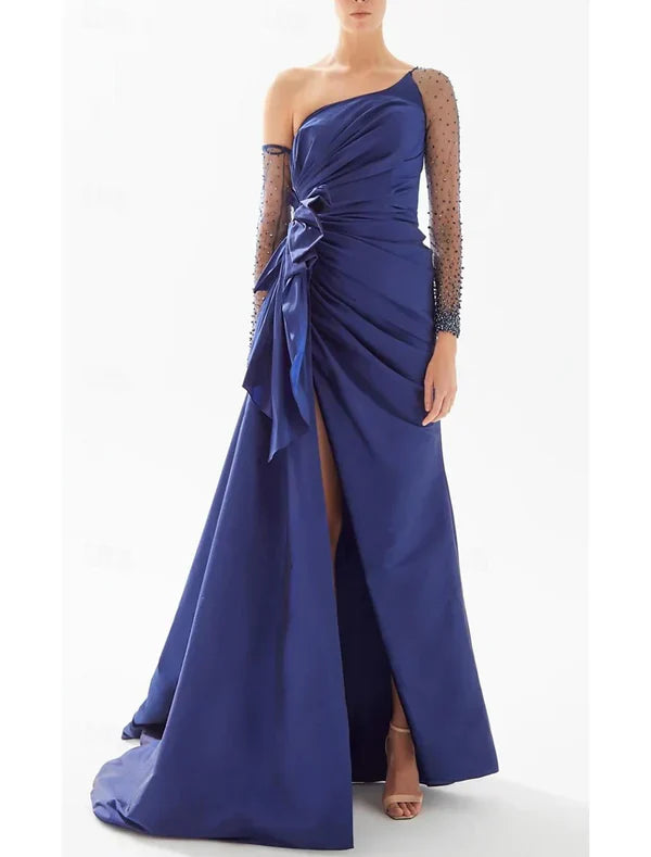 A-Line Evening Gown Black Dress Dress Formal Floor Length Long Sleeve One Shoulder Satin with Bow(s) Beading And Slit