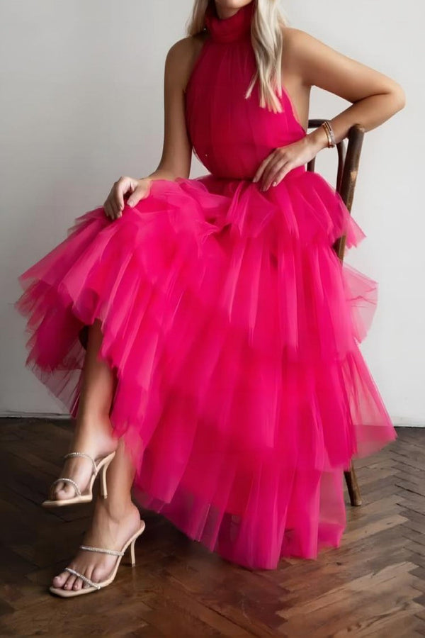 SSR1616,Hot Pink Halter Neck Tulle Tea Length Prom Dresses,A-Line Homecoming Dresses