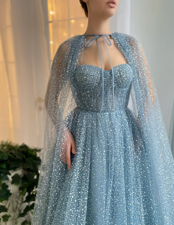 SSR1787,Sky Blue Bots Tulle A-Line Prom Dresses with Cloak