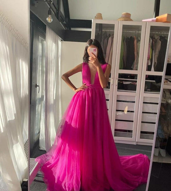 SSR1207,Sexy Deep V-Neck Tulle Prom Dresses,A-Line Hot Pink Evening Formal Gown