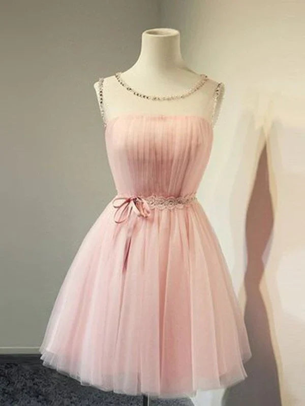 SSR1371,Tulle Scoop Beading A-Line/Princess Sleeveless Short/Mini Homecoming Dresses