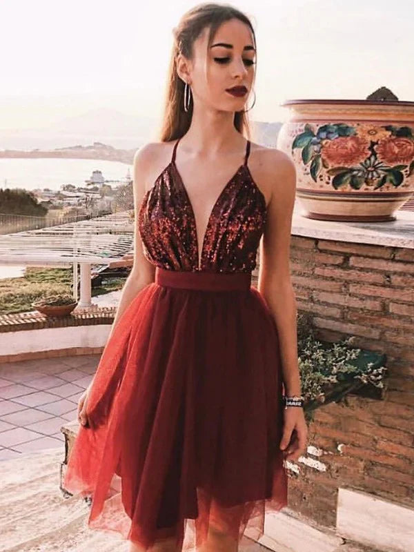 SSR1373,Sleeveless Spaghetti Straps A-Line/Princess Sequin Tulle Short/Mini Homecoming Dresses