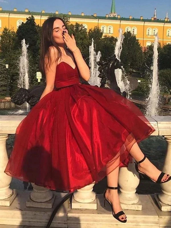 SSR1375,A-Line/Princess Sweetheart Sleeveless Organza Ruffles Tea-Length Homecoming Dresses