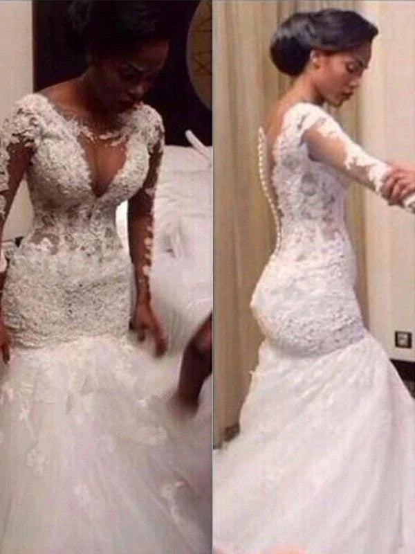SSR1212,V-neck Floor-Length Long Lace Trumpet/Mermaid Sleeves Tulle Wedding Dresses