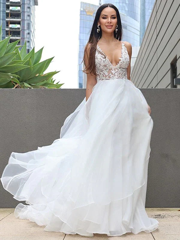 SSR1207,Ruffles Sweep/Brush A-Line/Princess V-neck Sleeveless Lace Train Wedding Dresses