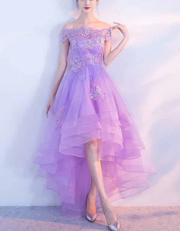 Cute High Low Tulle Party Dress Off the Shoulder Homecoming Dress Light Purple Beautiful Cocktail Dress