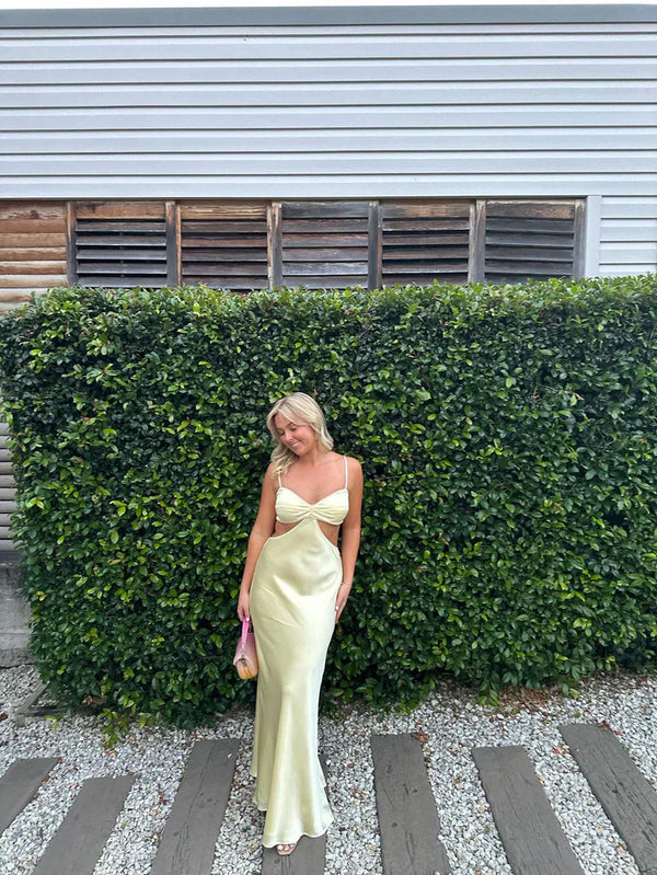 Light Yellow Backless Satin Party Dress Wedding Guest Dress Formal Dress