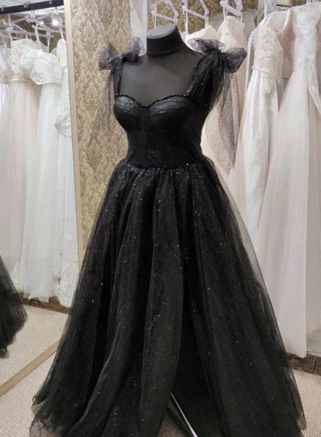 Black Tulle Floor Length Long Party Dress with Slit Evening Dresses Sparkly Prom Dress