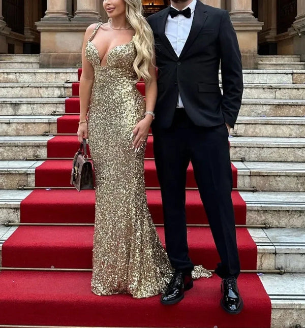 Gorgeous Gold Sequins Mermaid Long Prom Dress Sparkly Evening Dress Sexy Party Dress